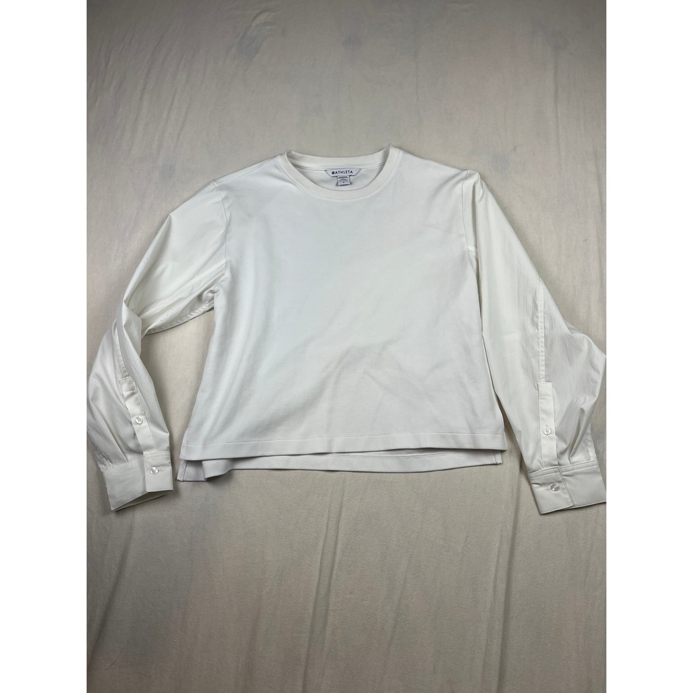 Athleta White Mixed Media Button Cuff Long Sleeve Top Small 1197